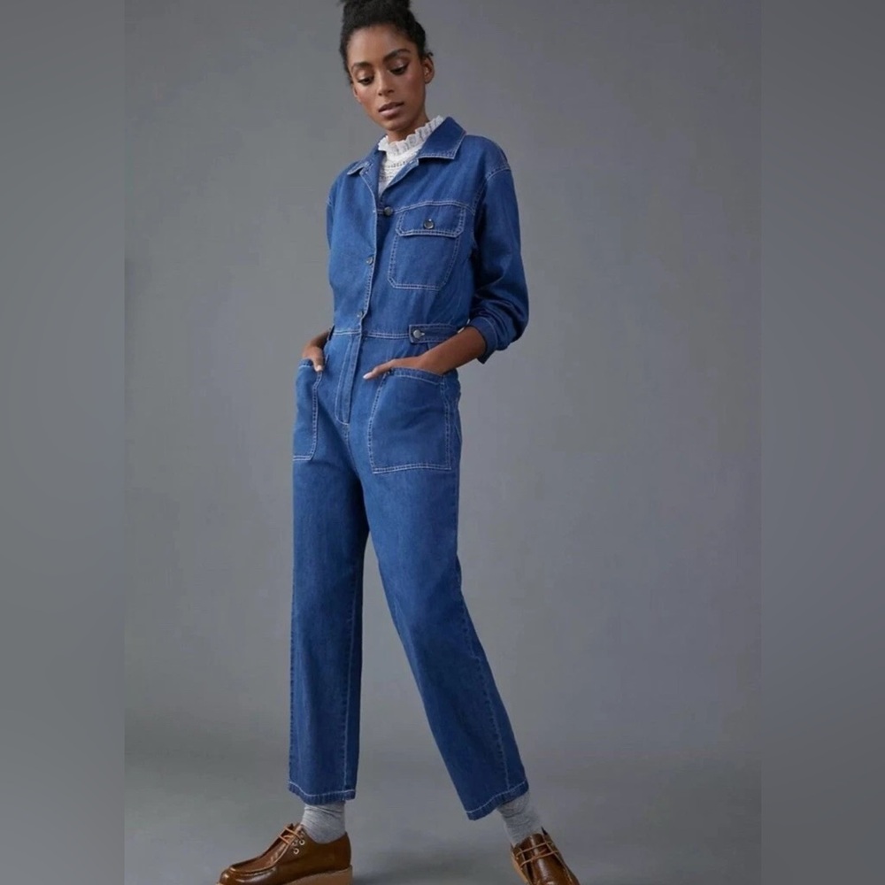 Anthropologie X Mare Mare Classic Blue Denim Cotton Overalls Collared Jumpsuit